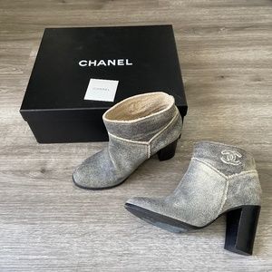 CHANEL Women's Pewter Grey Suede Leather Short Ankle Boots